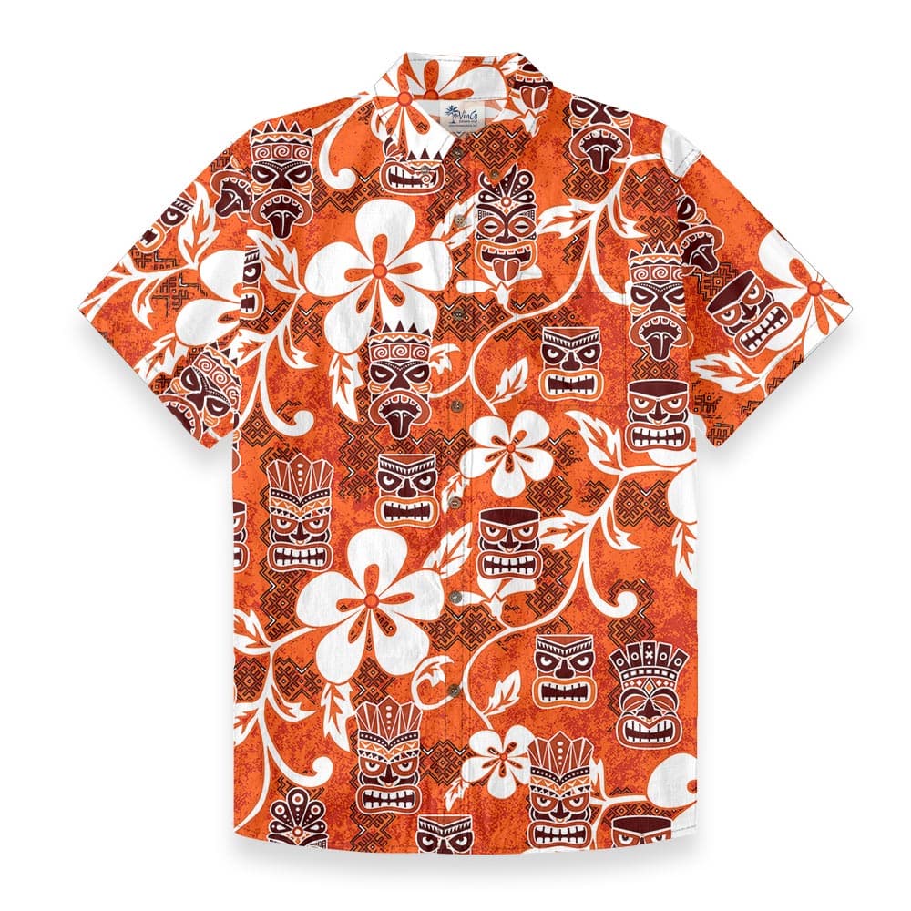 Vintage Orange Tiki Button Down Hawaiian Shirt Cotton