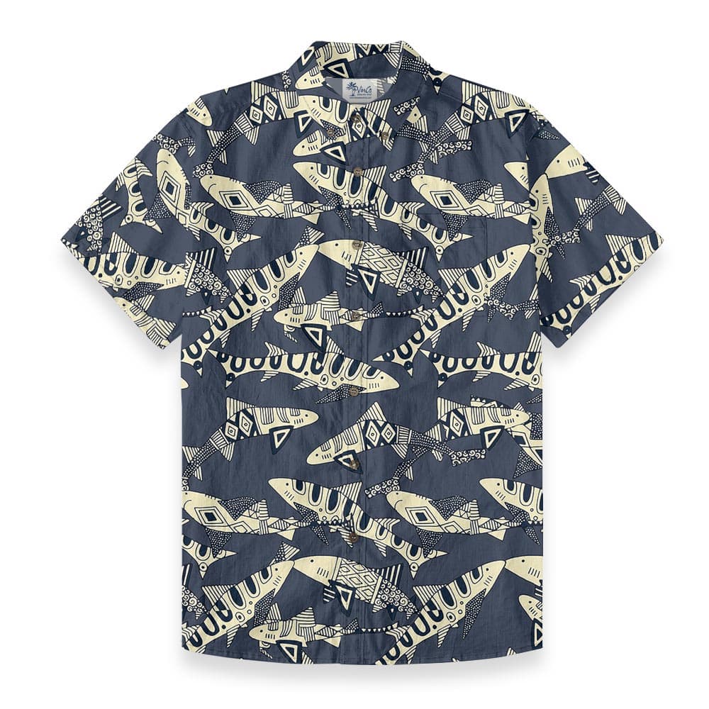 Vintage Shark Navy Hawaiian Shirt Button Down Cotton front view