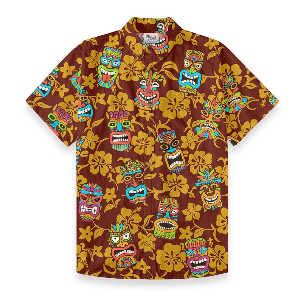 Vintage Tiki Floral Aloha Shirt Button Down Cotton front view