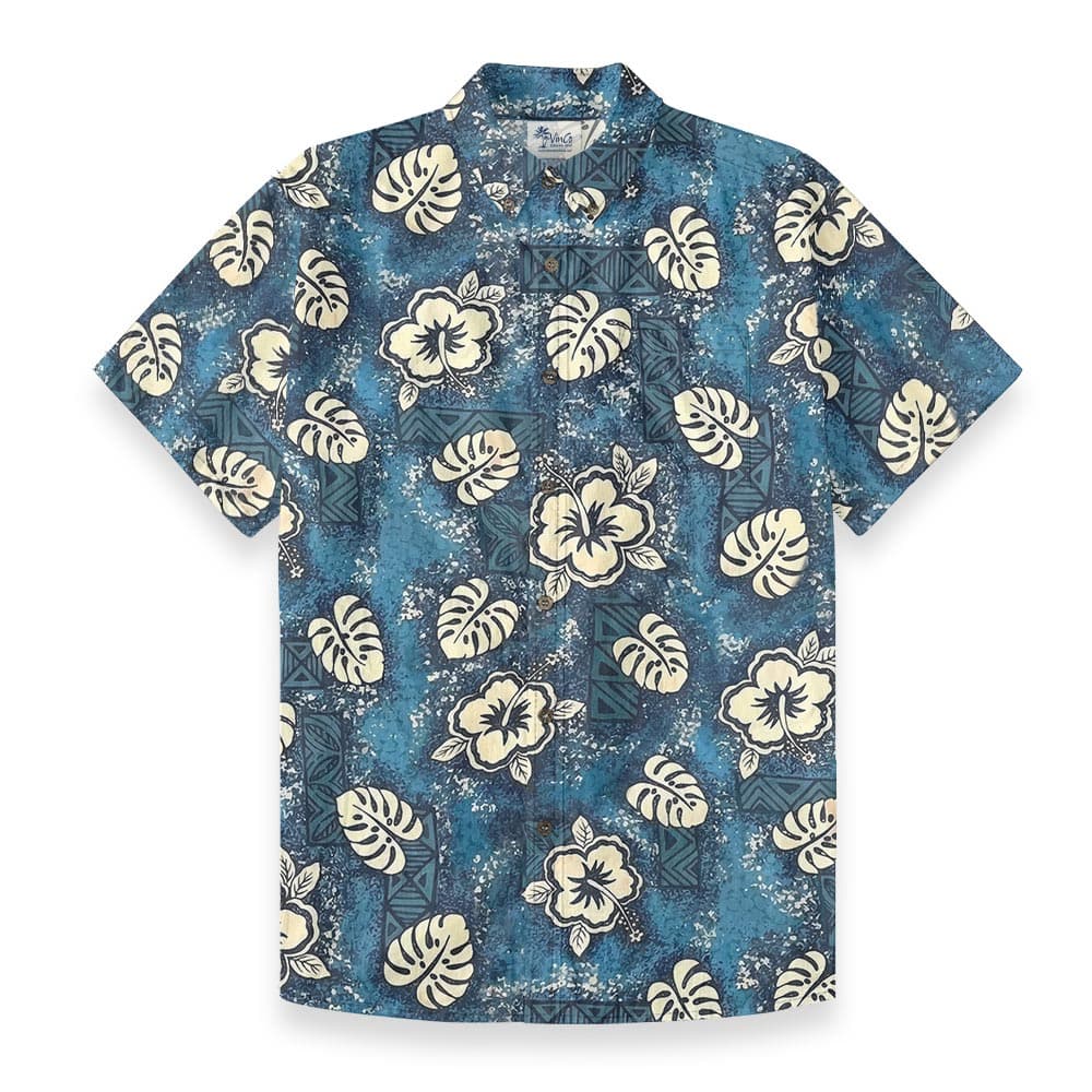 Blue Tribal Hibiscus Menâs Hawaiian Button Down Shirt