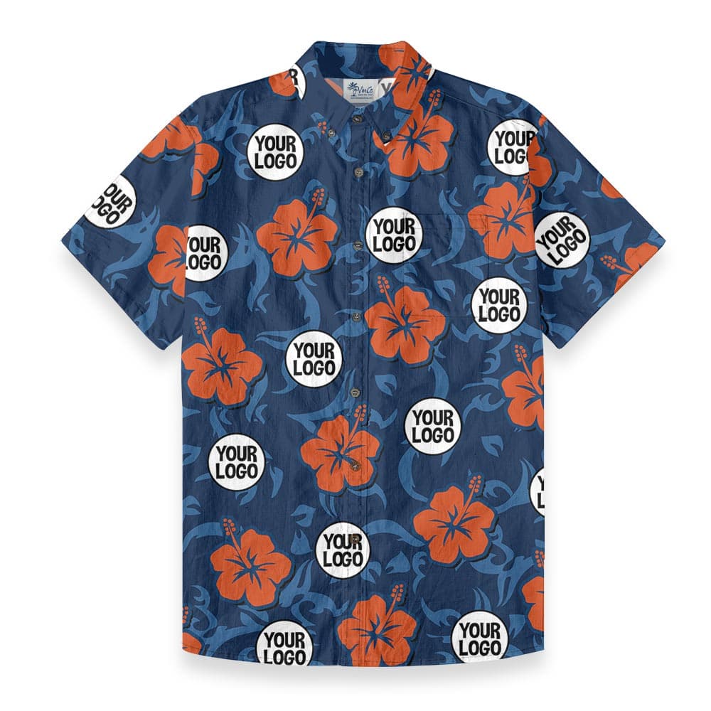 Bulk Order Custom Logo Navy Hibiscus Button Down Cotton Hawaiian