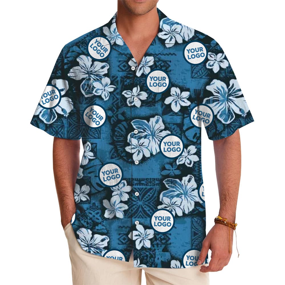 Custom Hibiscus Shirts with Hawaiian Styles featuring white floral patterns and personalized circular logos, worn by a man, ideal for casual events or branding purposes.