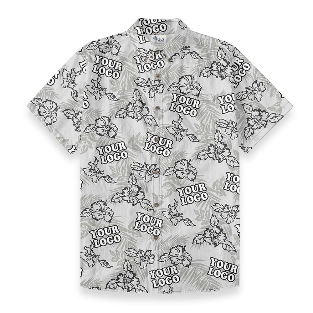 Gray Tropical Custom Logo Button Down Hawaiian Shirt Cotton