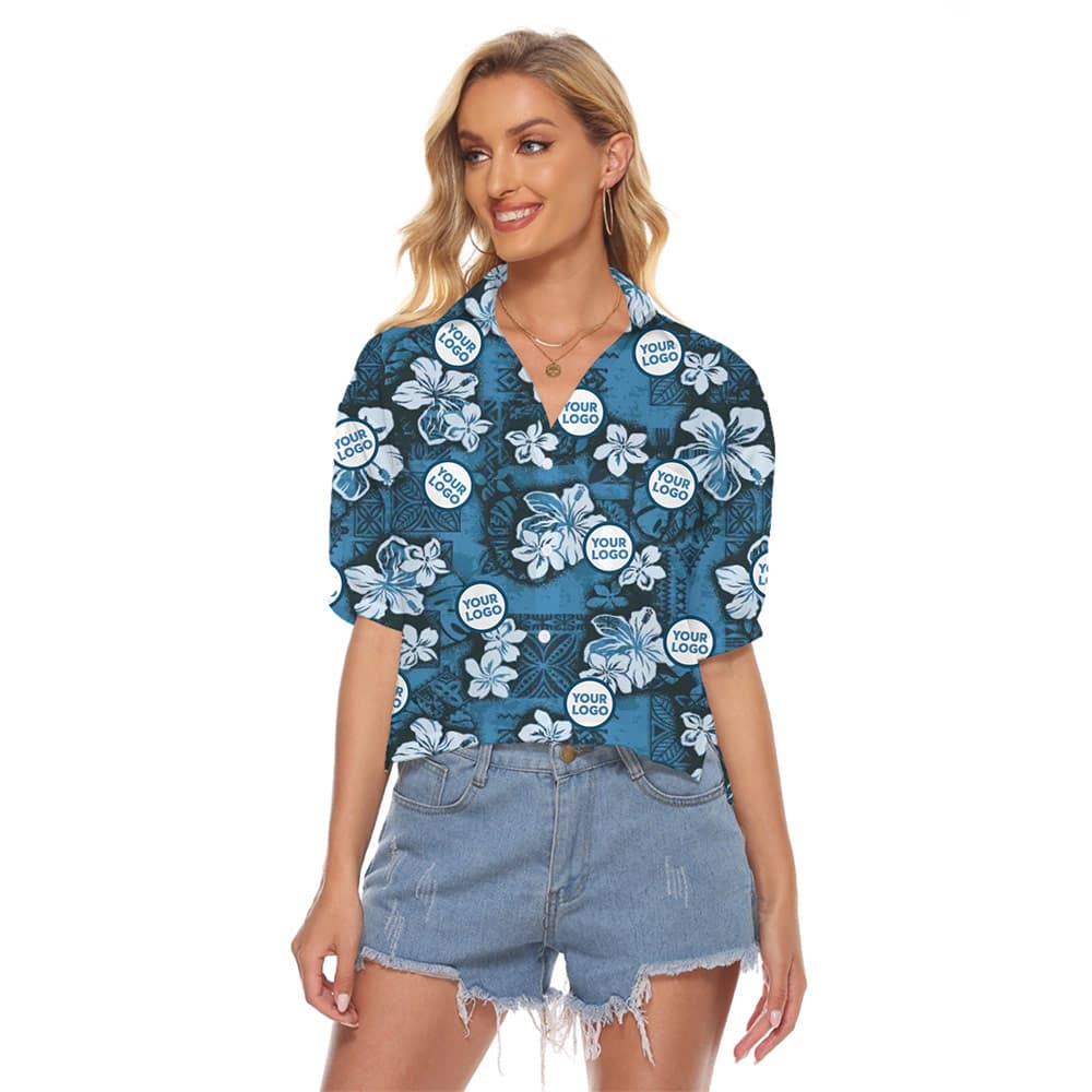 Hawaiian Crop Top with vibrant Hibiscus Design, perfect for summer style and customization.