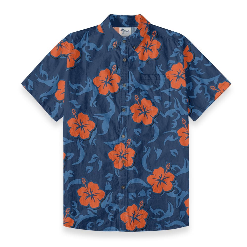 Hibiscus Navy Hawaiian Button Down Shirt Cotton