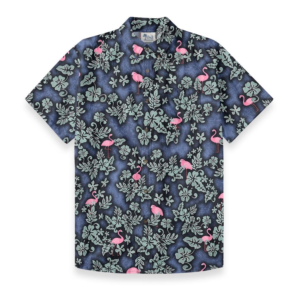 Navy Pink Flamingo Tropical Floral Hawaiian Button Down Shirt