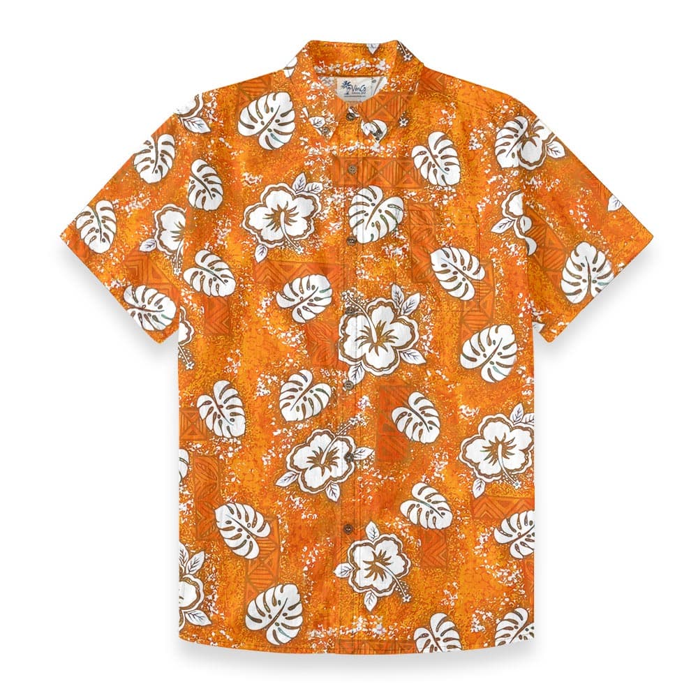 Orange Hibiscus Tribal Hawaiian Button Down Shirt Cotton