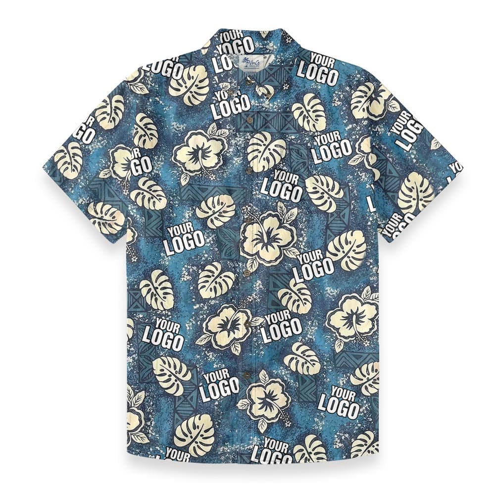 Personalized Logo Vintage Blue Button Down Cotton Aloha Shirt