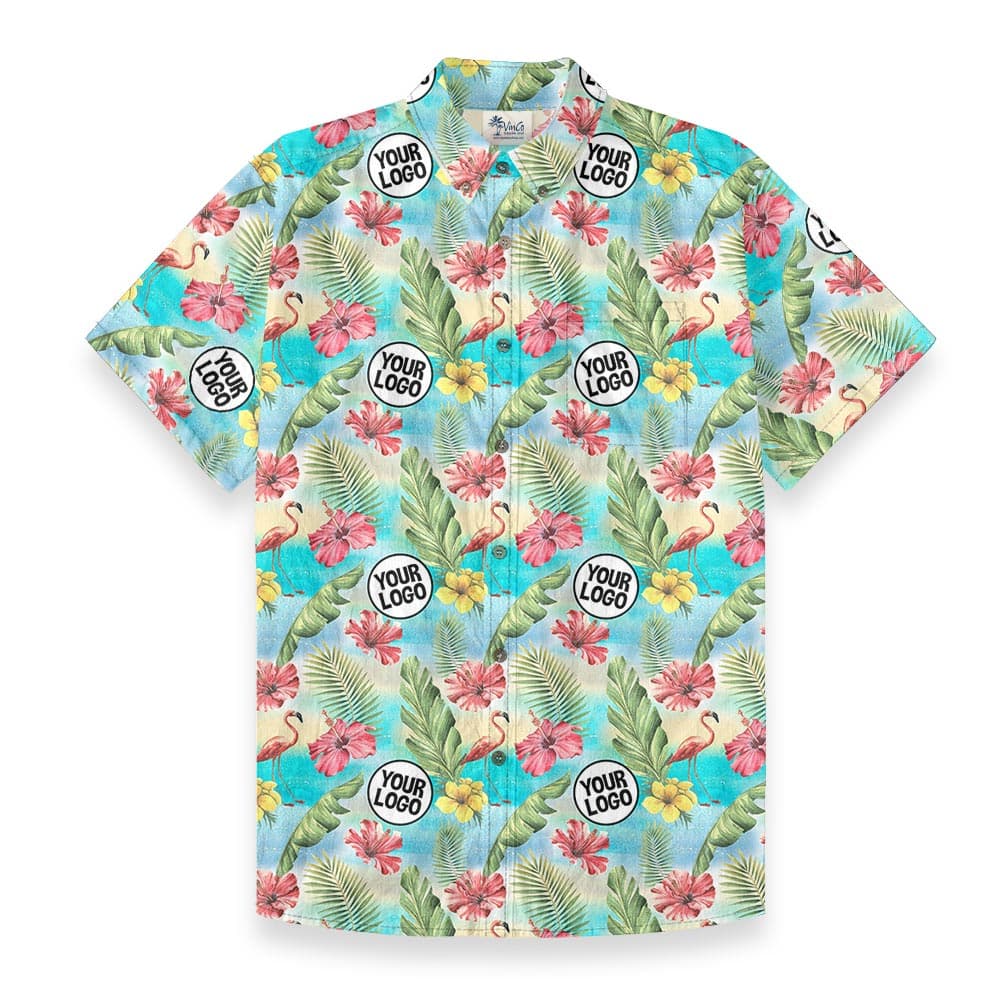 Tropical Flamingo Custom Logo Cotton Hawaiian Button Down Shirt