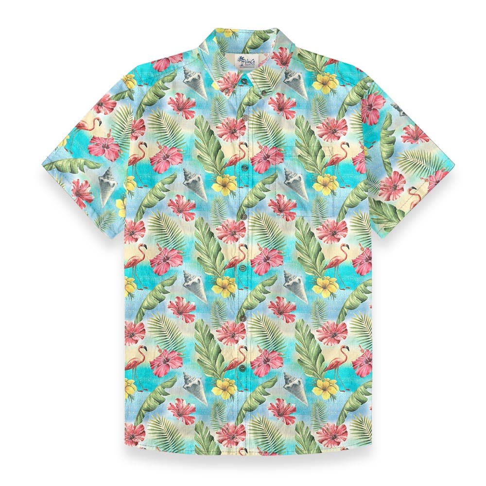 Tropical Flamingo Paradise Men’s Button Down Hawaiian Shirt