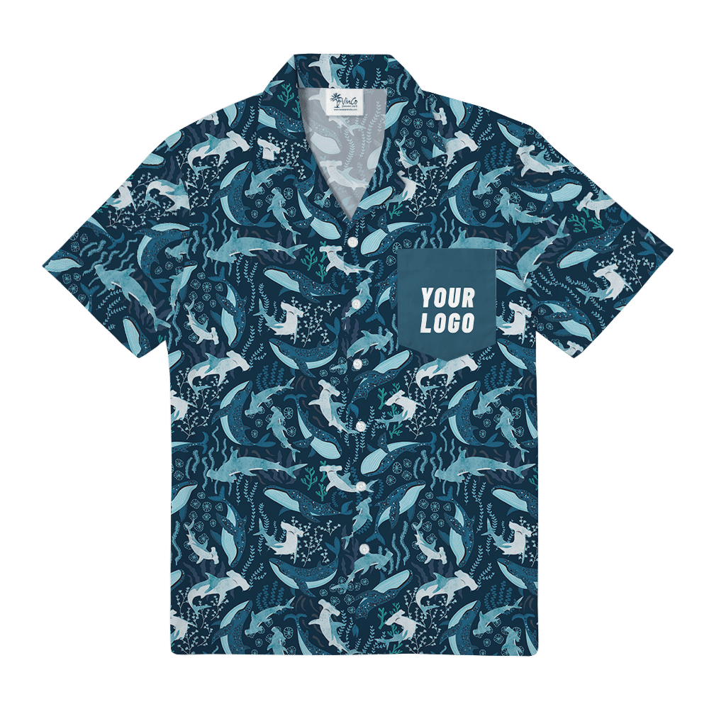 Custom Logo Pocket Hawaiian Shirt with Ocean Life Design