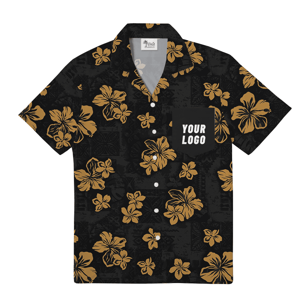 Custom Logo Pocket Hawaiian Shirt in Black Floral Print