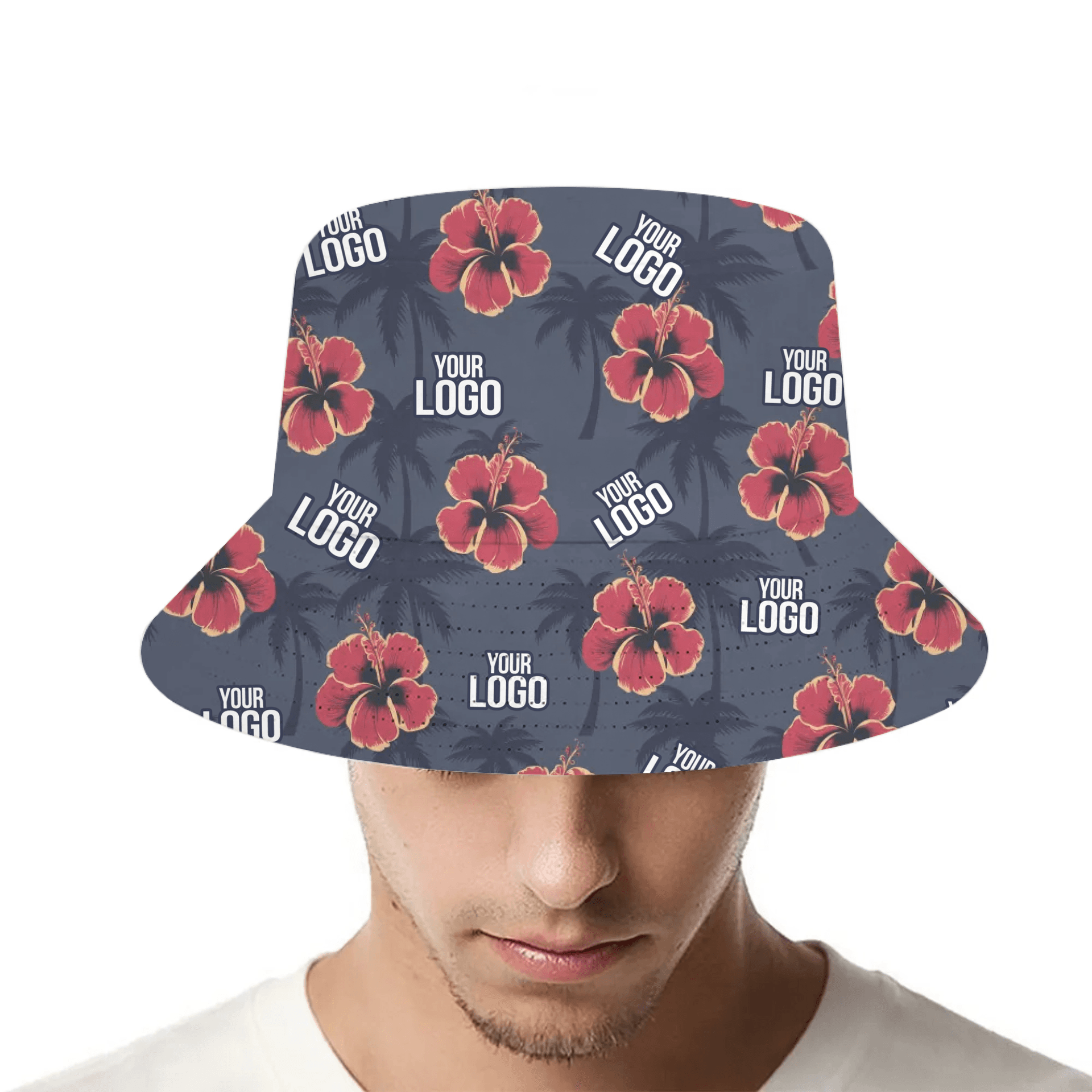Custom Logo Hibiscus And Palm Tree Print Bucket Hat