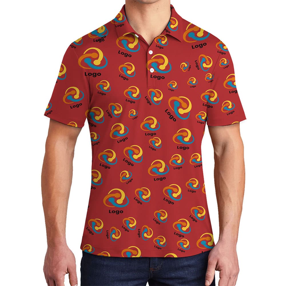 A-vibrant-red-Personalize-Mixed-Logo-Hawaiian-Polo-featuring-a-repeating-custom-logo-pattern-short-sleeves-and-a-button-up-collar-for-a-stylish-customizable-look.