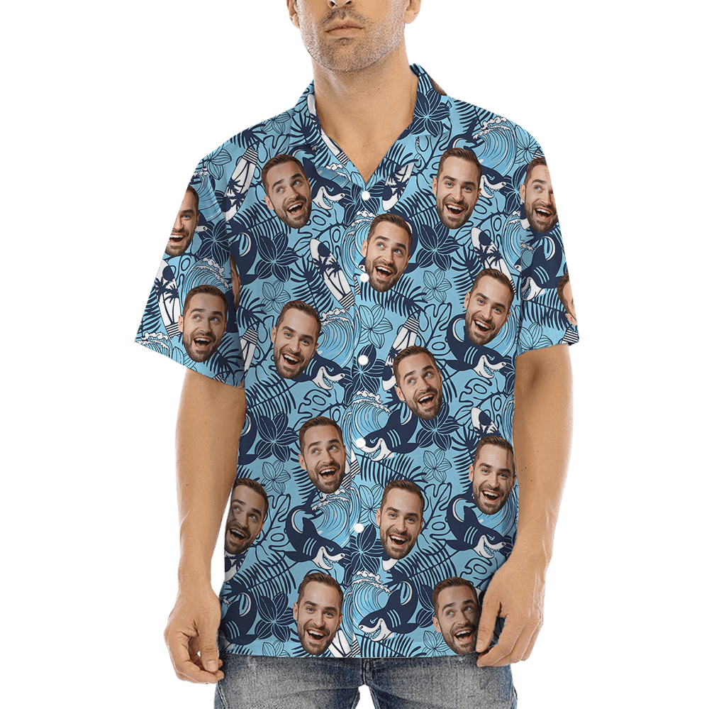 Blue Custom Face Tropical Pattern Hawaiian Shirt (1)