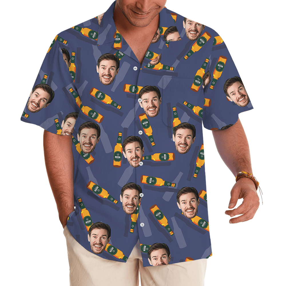 Blue Custom Face With Beer Hawaiian Shirt