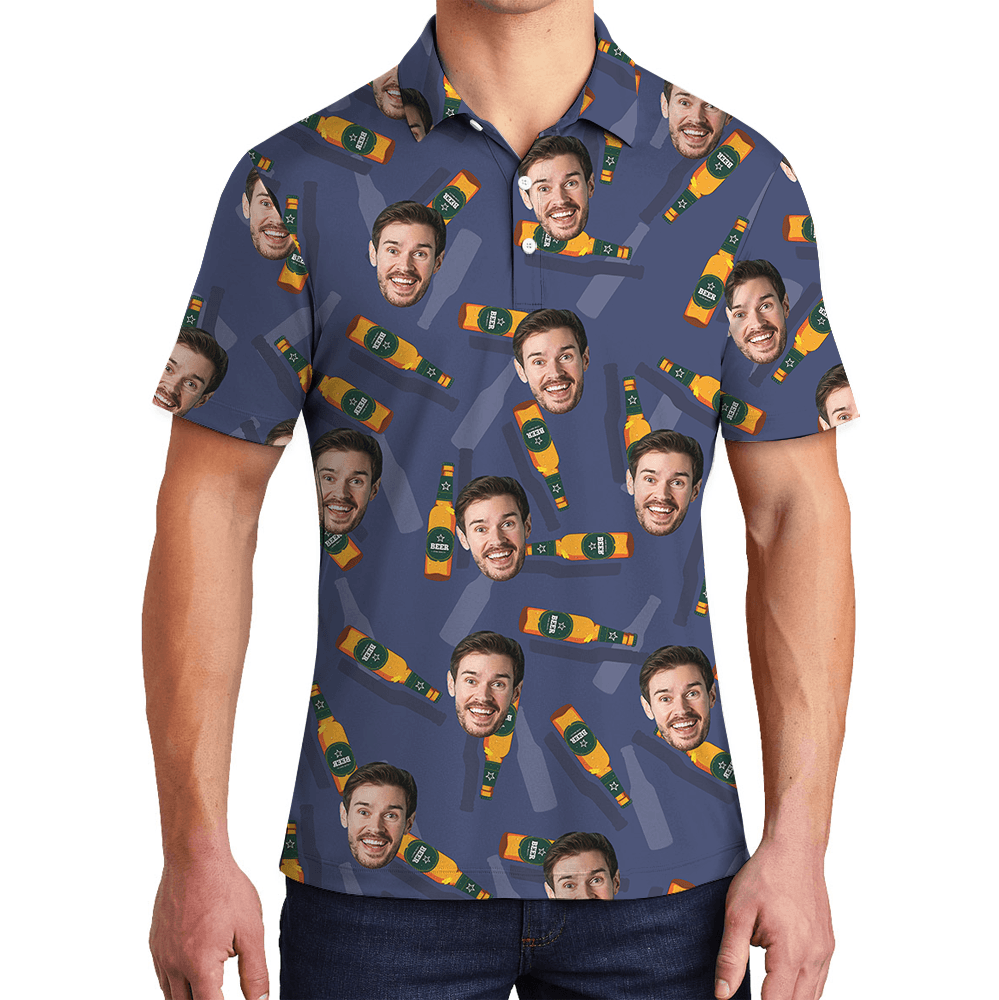 Blue Custom Face With Beer Polo Shirt