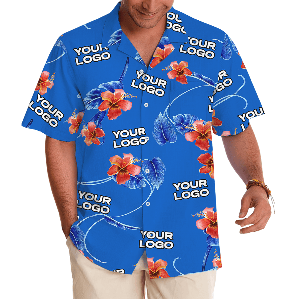 Blue Custom Logo Red Hibiscus Hawaiian Shirt (4)