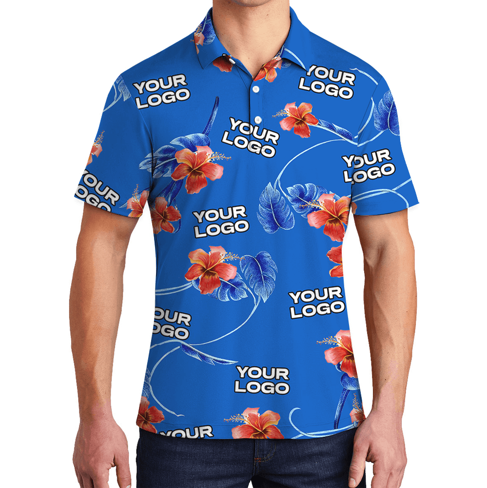 Blue Custom Logo Red Hibiscus Polo Shirt (1)