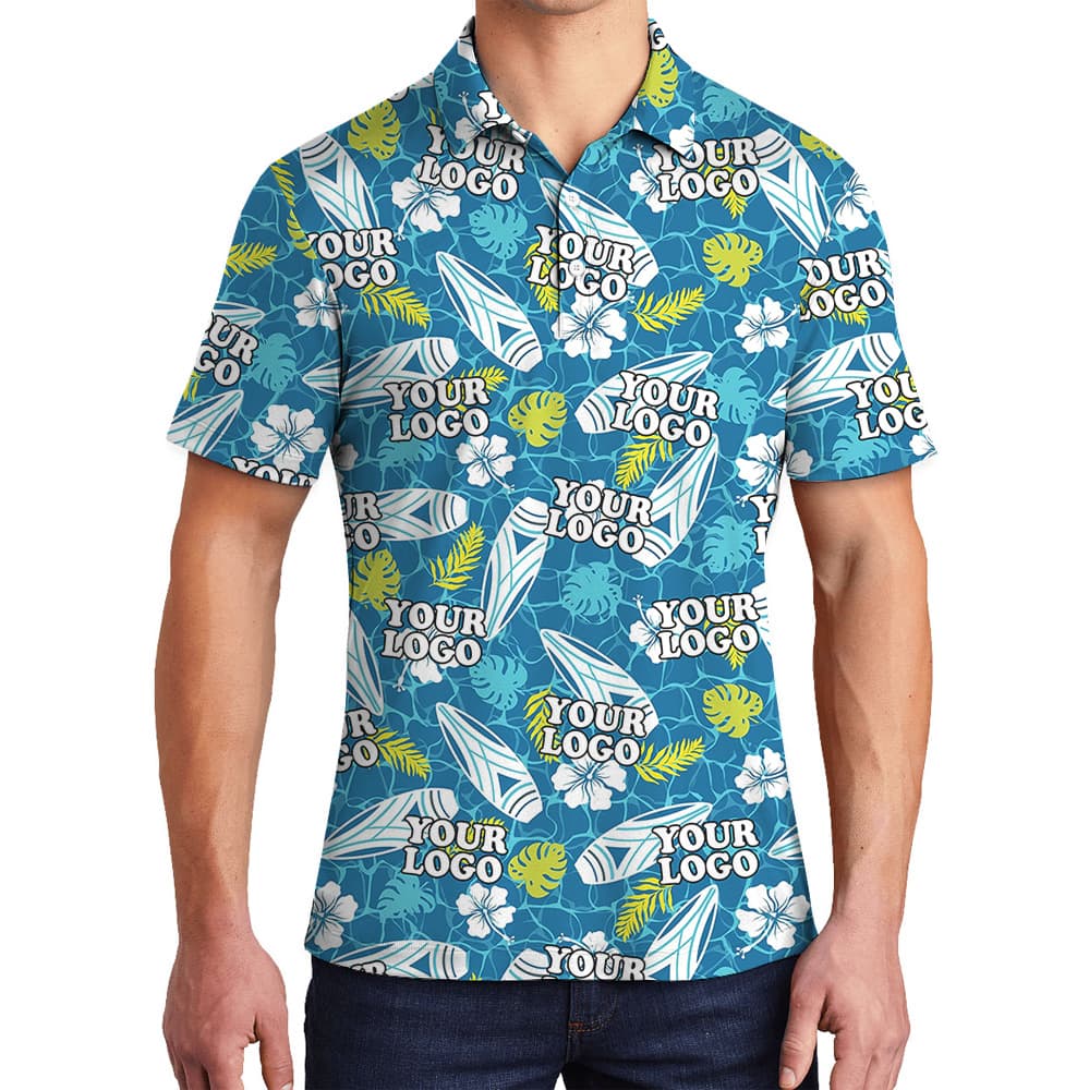Blue Custom Logo Surfboards And Tropical Leaves Polo Shirt