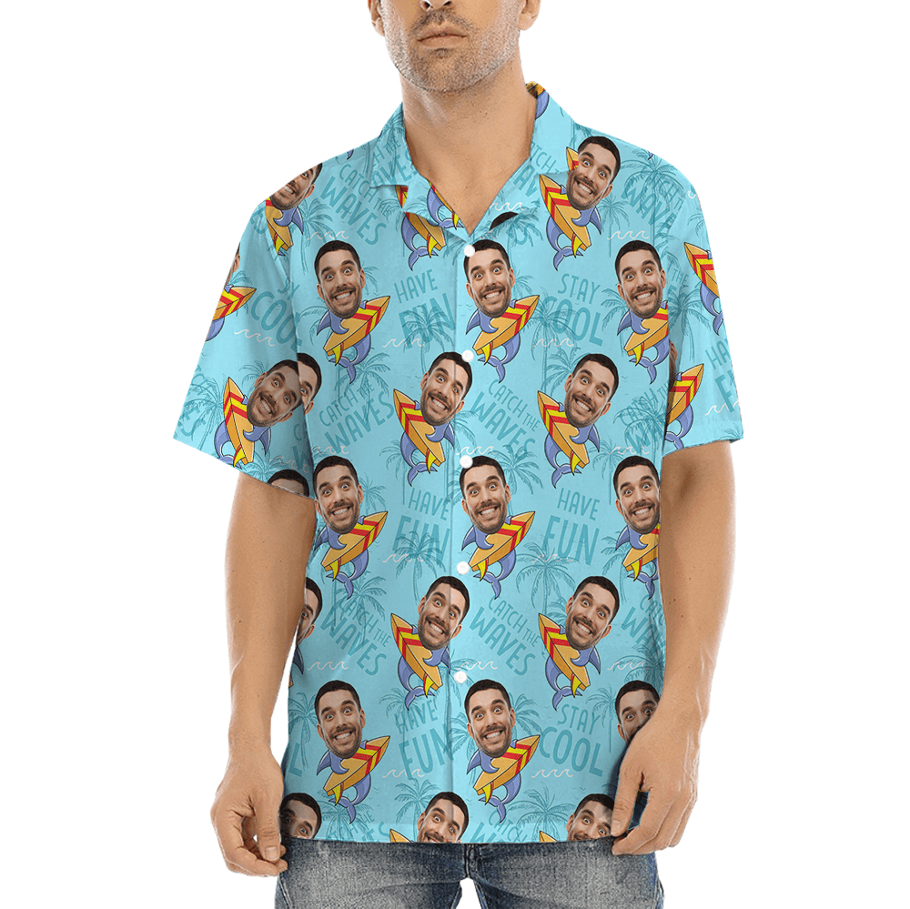 Blue Custom Logo and Face Surfboard Hawaiian Shirt (1)