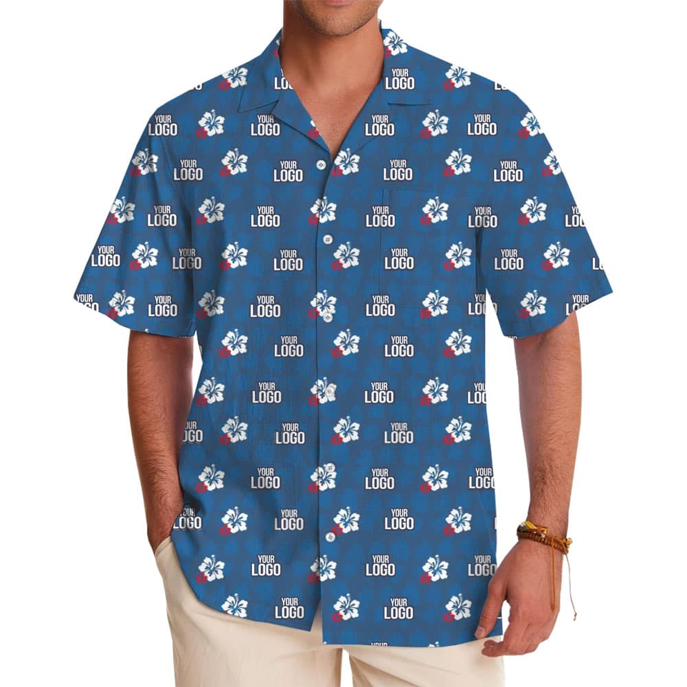 Blue Navy Custom Logo With Small Hibiscus Hawaiian Shirt