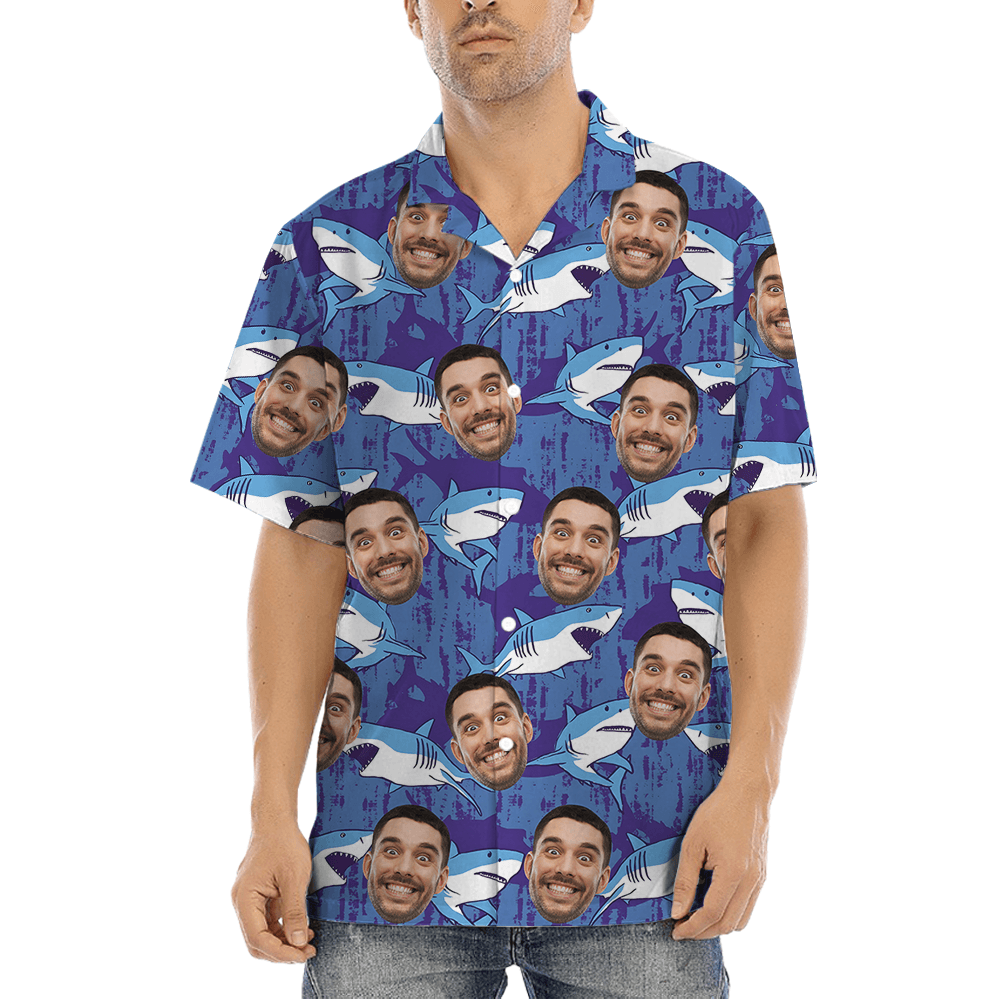 Blue Navy Shark Hawaiian Shirt With Custom Logo and Face (1)