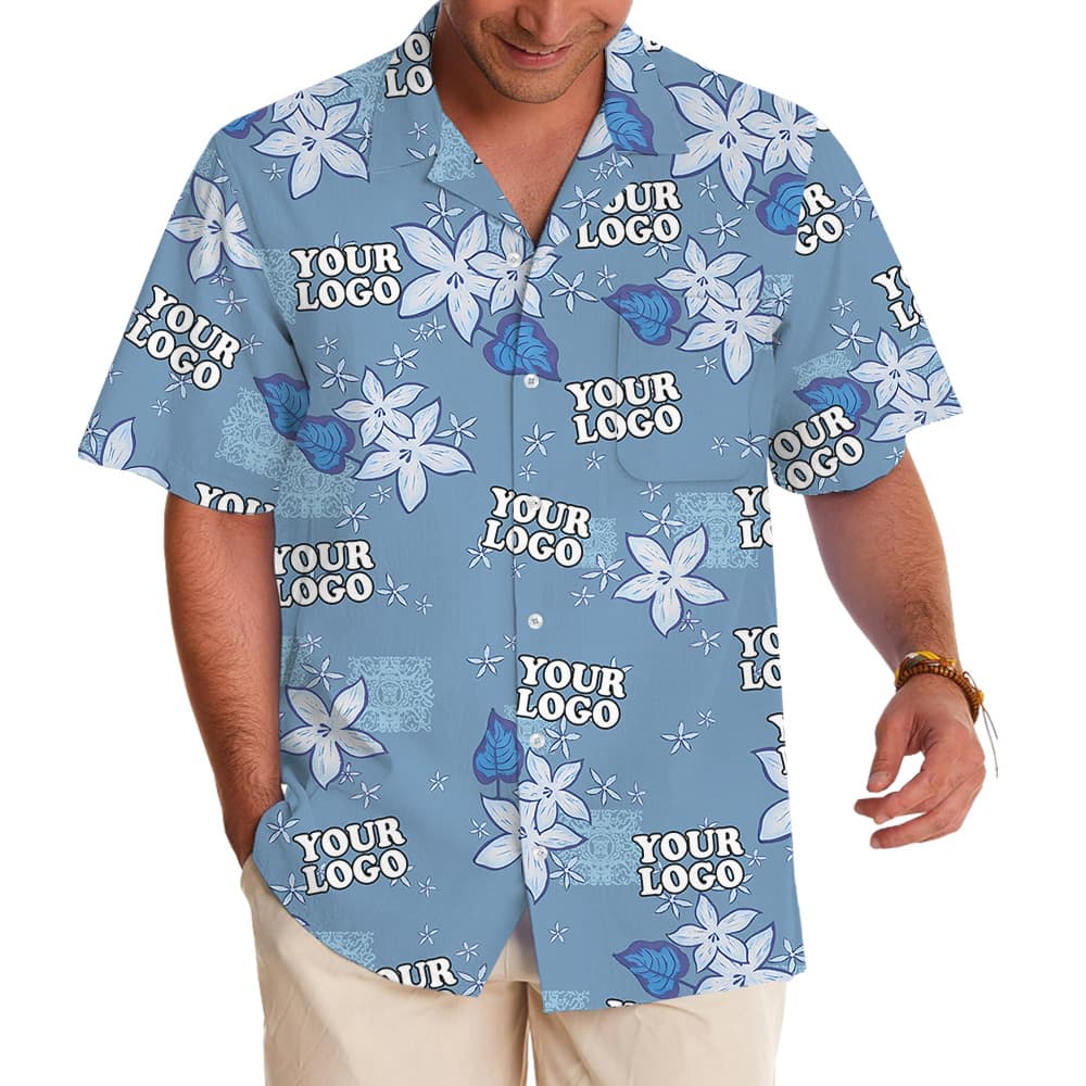 Blue Plumeria Pattern Custom Logo Hawaiian Shirt