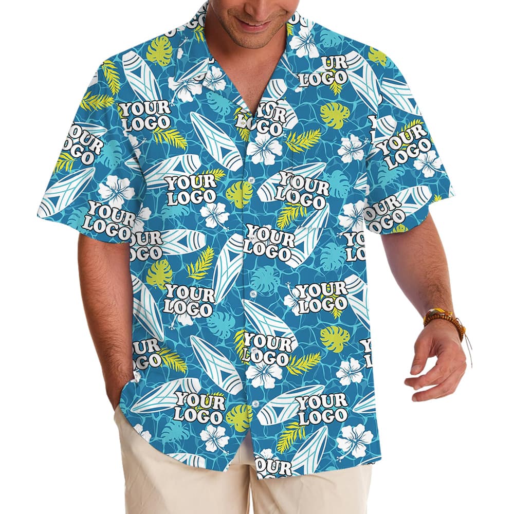 Blue Surfboards And Tropical Leaves Custom Logo Hawaiian Shirt