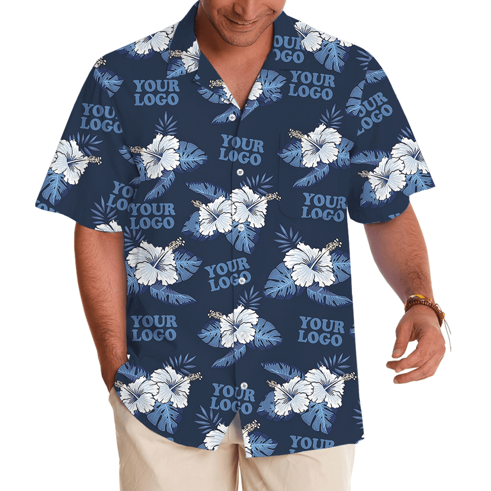 Custom Logo Blue Hawaiian Shirt with Hibiscus Pattern.
