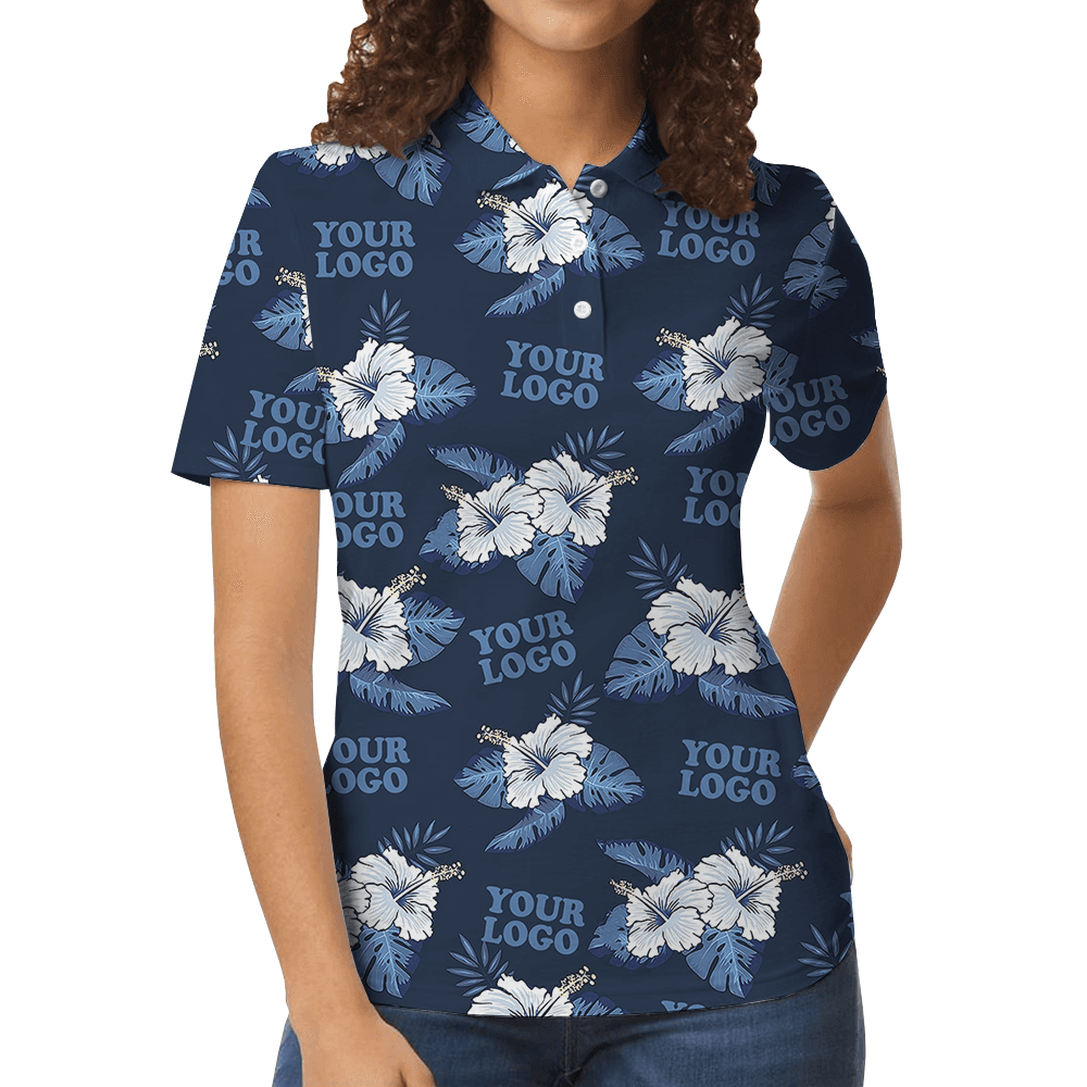 Custom Logo Blue Polo Shirt with Hibiscus Pattern
