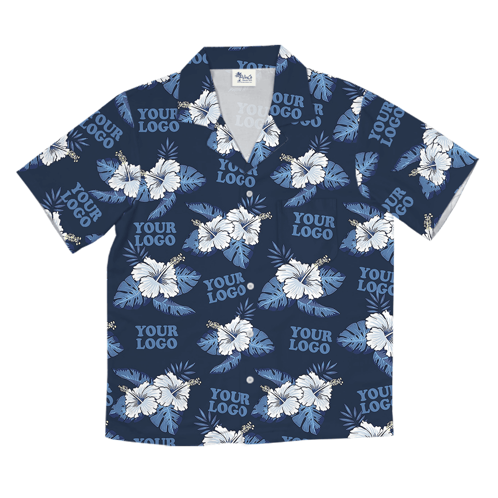 Custom Logo Blue Hawaiian Shirt with Hibiscus Pattern.