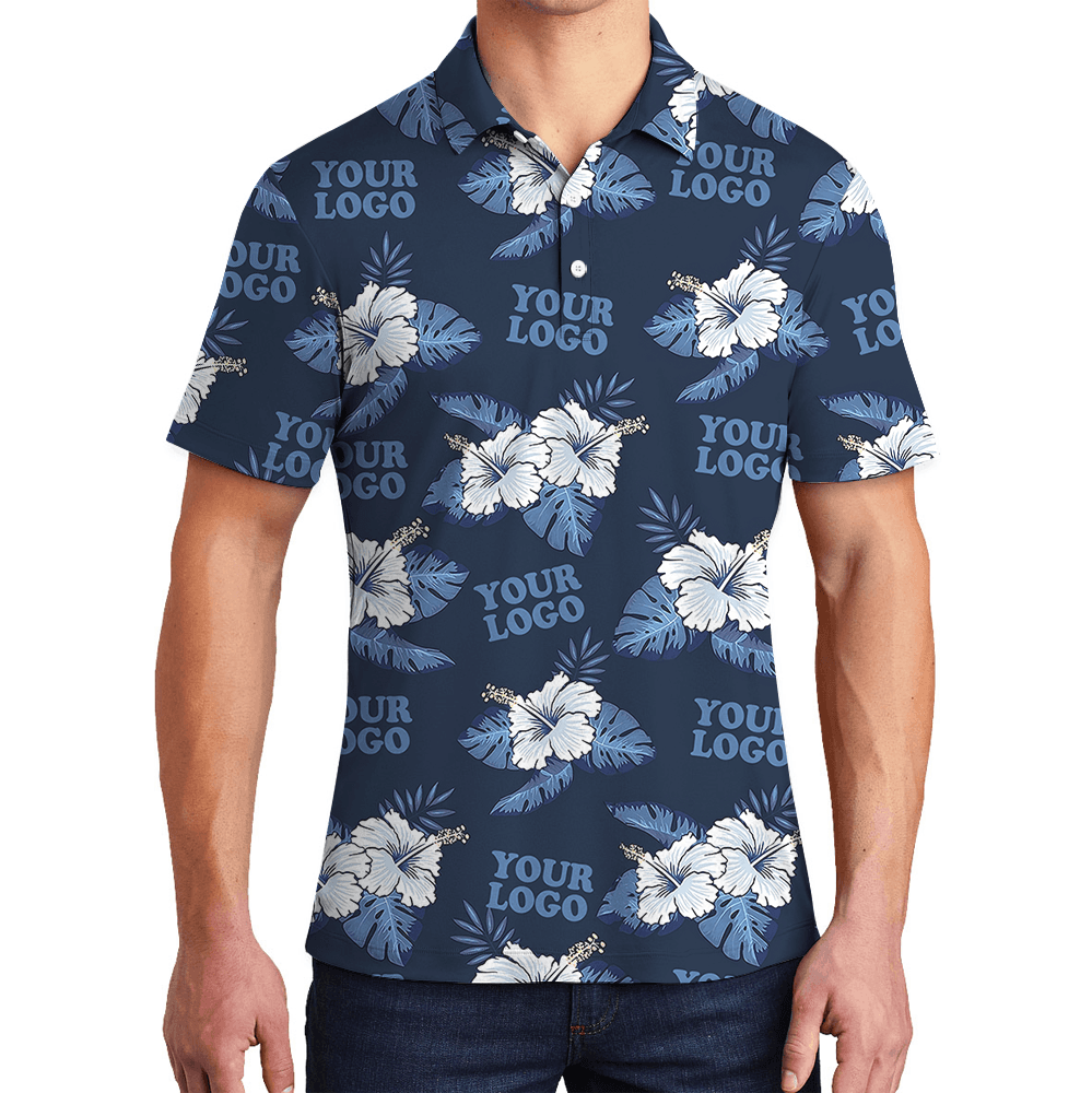 Custom Logo Blue Polo Shirt With Hibiscus Pattern