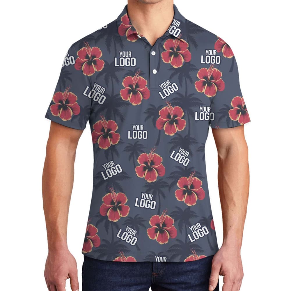 Custom Logo Hibiscus And Palm Tree Print Polo Shirt