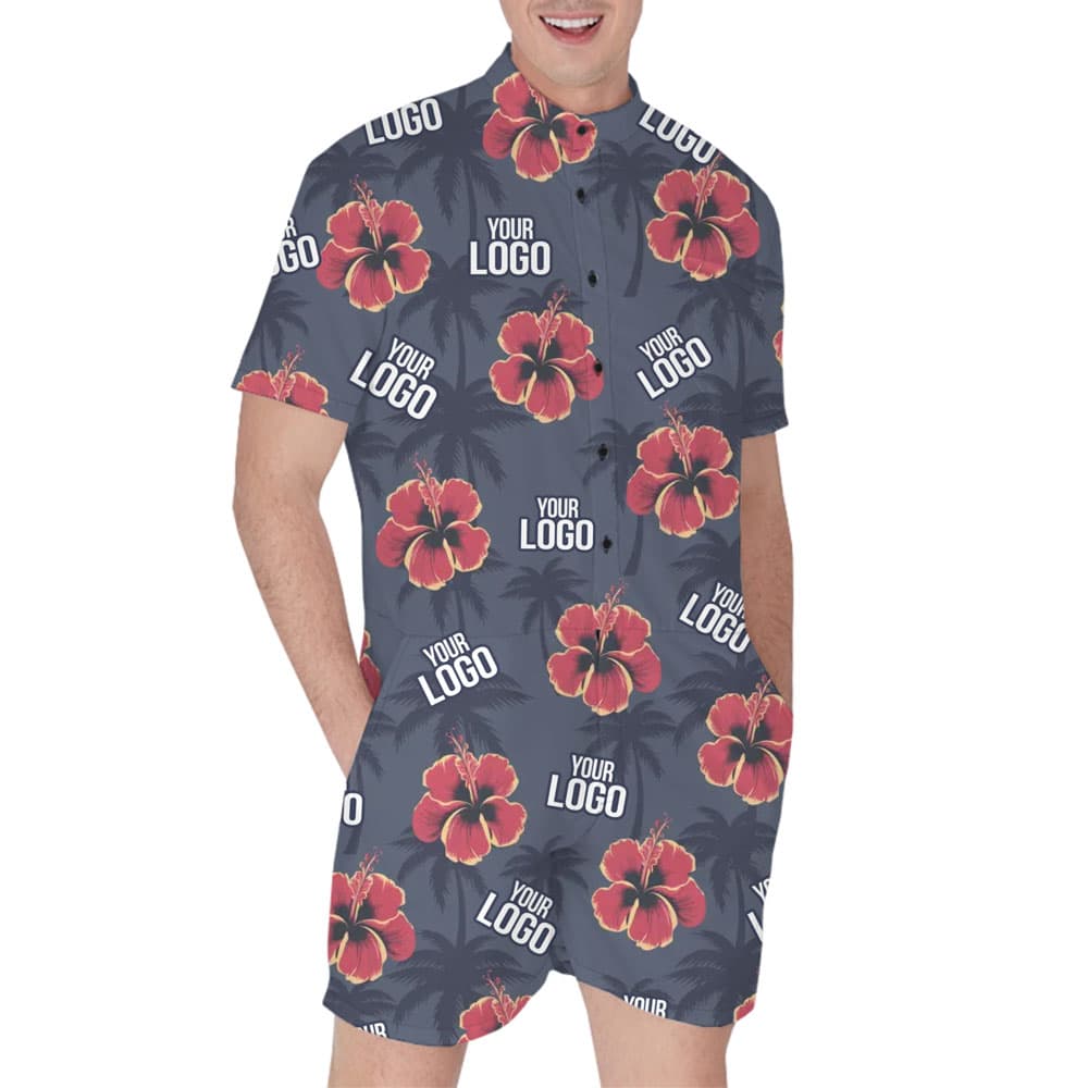 Custom Logo Hibiscus And Palm Tree Print Romper