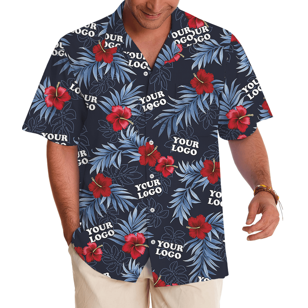 Custom Logo Navy and Red Hibiscus Hawaiian Shirt (3)