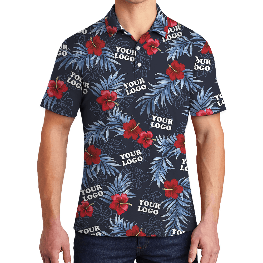 Custom Logo Navy and Red Hibiscus Polo Shirt (1)