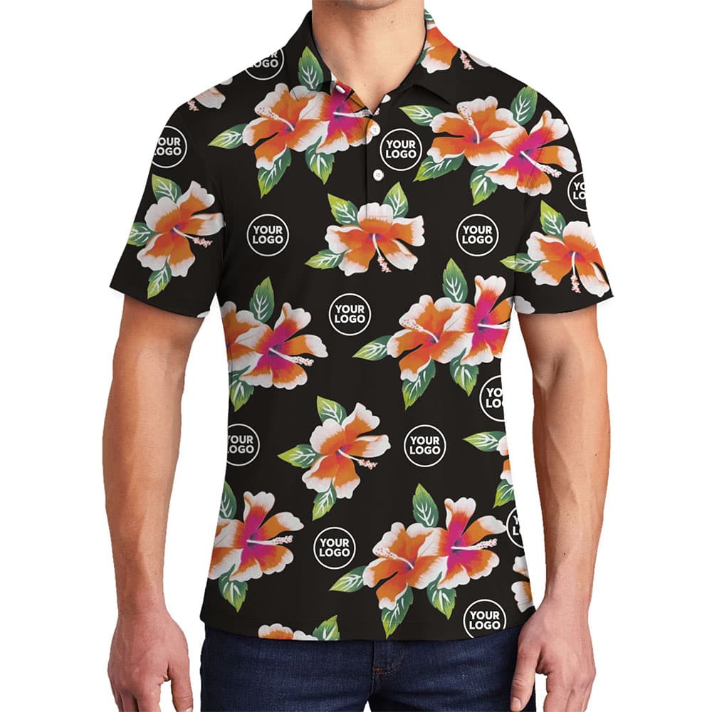 Custom Logo Tropical Hibiscus Floral Pattern Polo Shirt
