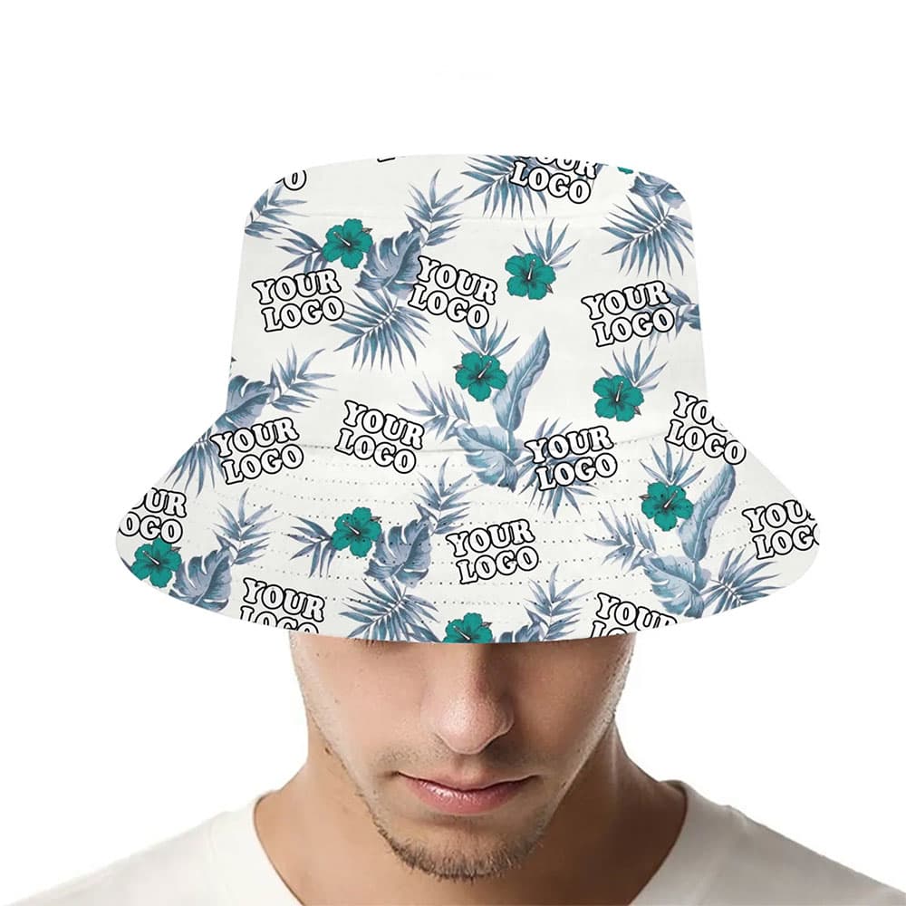 Custom Logo White Tropical Foliage Bucket Hat