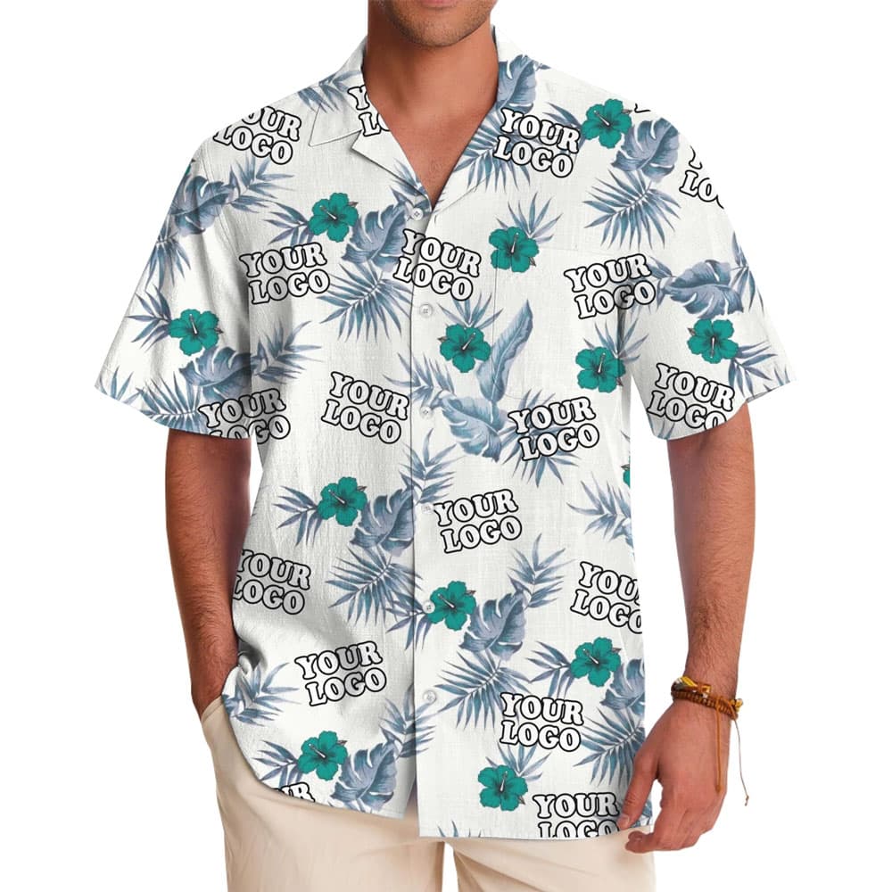 Custom Logo White Tropical Foliage Hawaiian Shirt