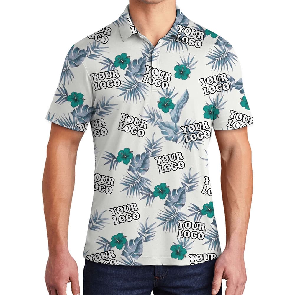 Custom Logo White Tropical Foliage Polo Shirt