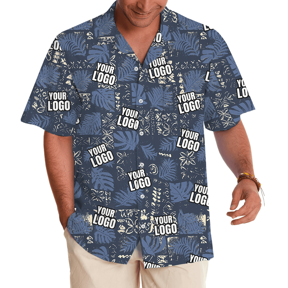 Custom Navy Monstera Leaf Patchwork Hawaiian Shirt With Logo (2)