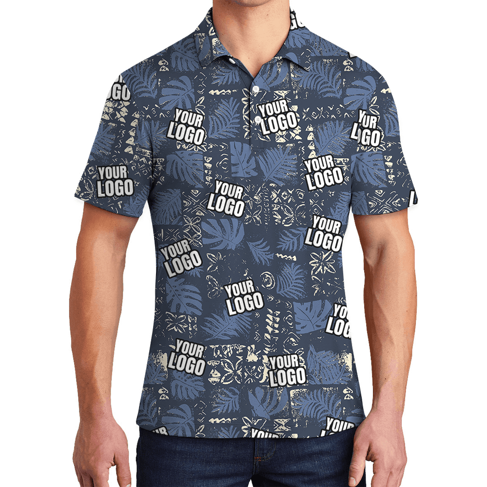 Custom Navy Monstera Leaf Patchwork Polo Shirt With Logo (1)