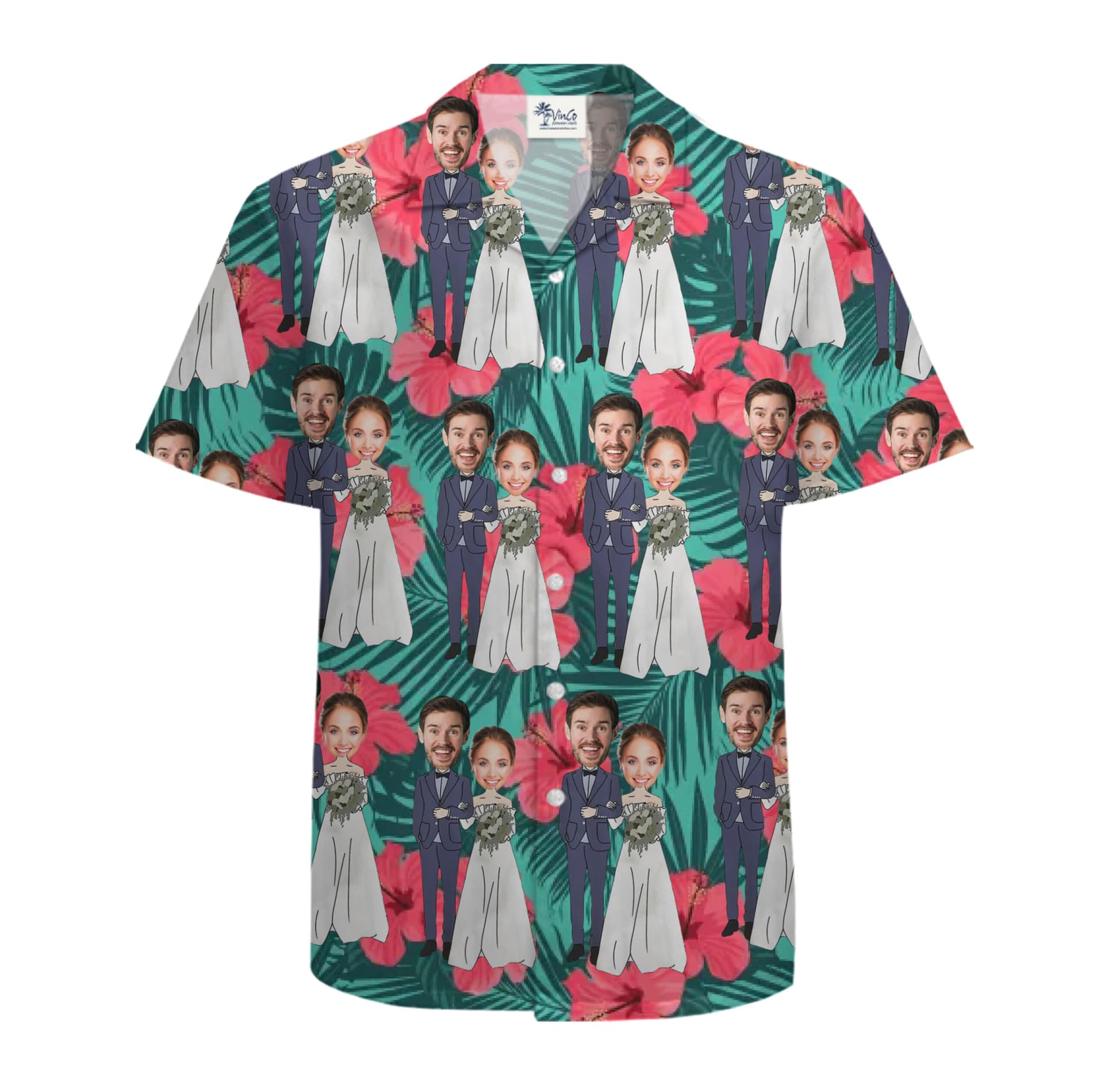 Custom Wedding Hawaiian Shirt โ Tropical Bride & Groom Face Pattern with New Live Preview