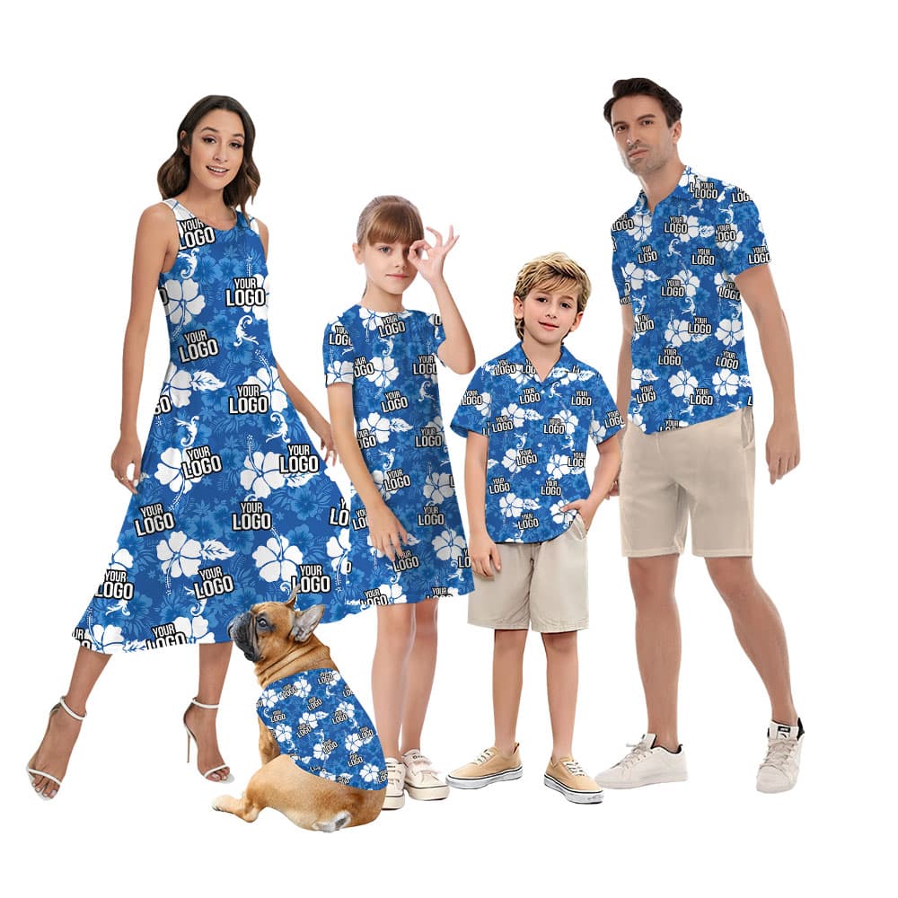 Customizable Matching Family Hawaiian Outfit Blue With Logo