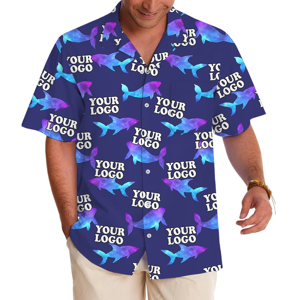 Navy Custom Logo Hawaiian Shirt With Hologram Shark Print