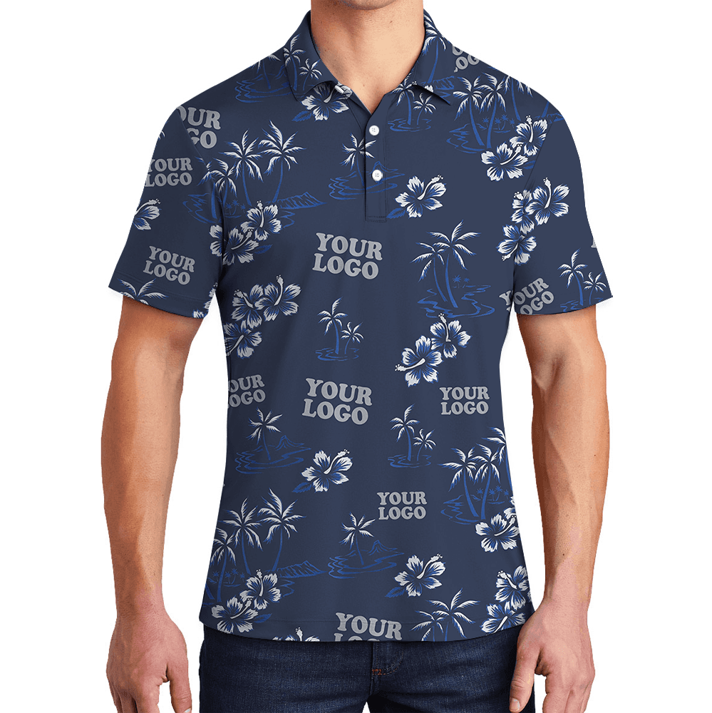 Navy Custom Logo Palm Tree And Hibiscus Polo Shirt
