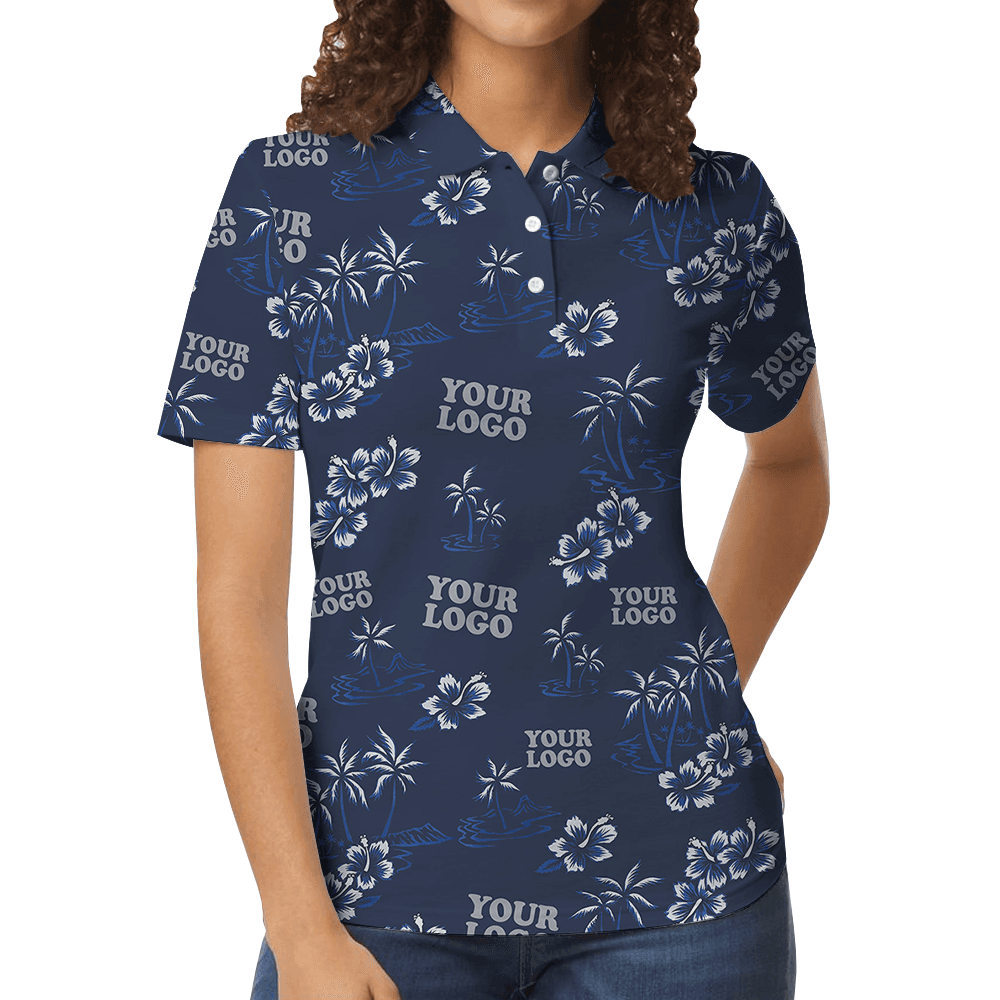 Navy Custom Logo Palm Tree And Hibiscus Polo Shirt