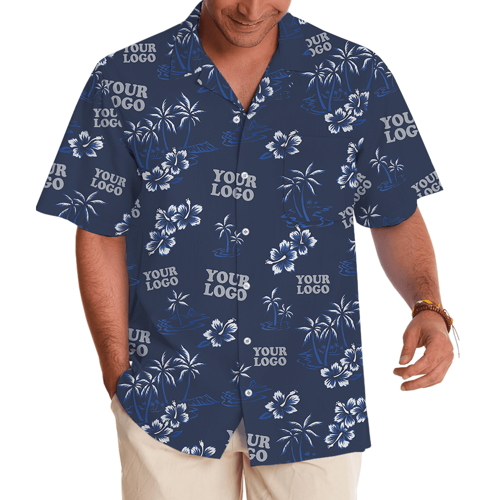 Navy Custom Logo Palm Tree and Hibiscus Hawaiian Shirt