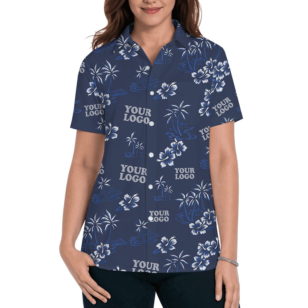 Navy Custom Logo Palm Tree and Hibiscus Hawaiian Shirt
